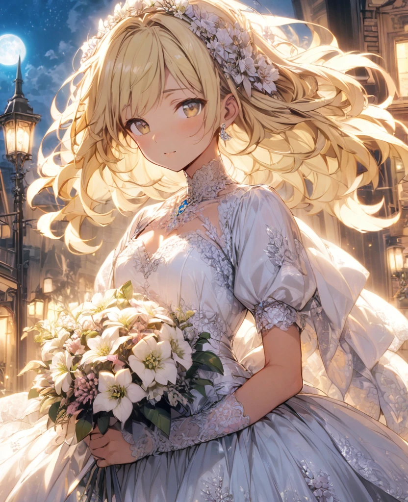 boyish Slanted Eyes Blonde whole body Wedding dress moonlight bouquet Bob Short Modest chest Night view