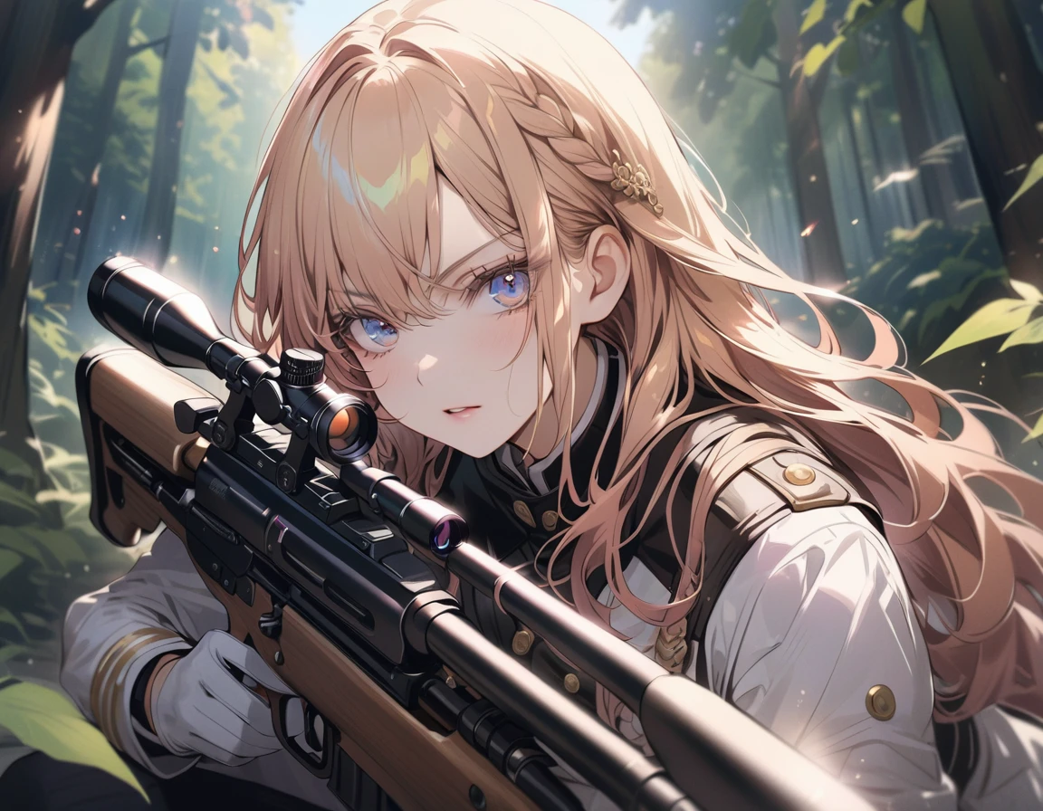 a female sniper, intricate details, highly detailed military uniform, detailed face, beautiful eyes, long eyelashes, determined expression, holding a sniper rifle, in a forest setting, sunlight filtering through the trees, cinematic lighting, vibrant colors, dramatic composition, masterpiece