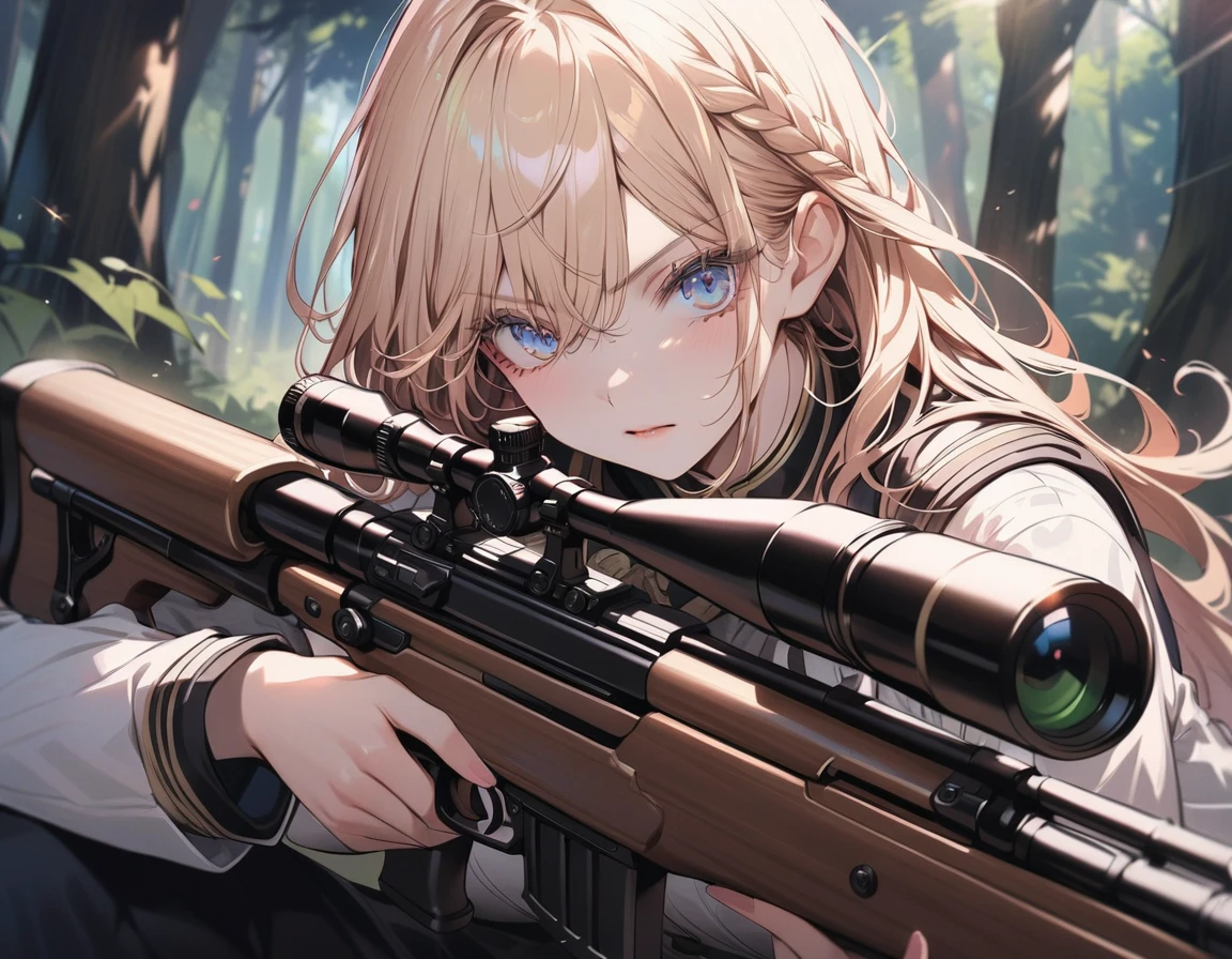 a female sniper, intricate details, highly detailed military uniform, detailed face, beautiful eyes, long eyelashes, determined expression, holding a sniper rifle, in a forest setting, sunlight filtering through the trees, cinematic lighting, vibrant colors, dramatic composition, masterpiece