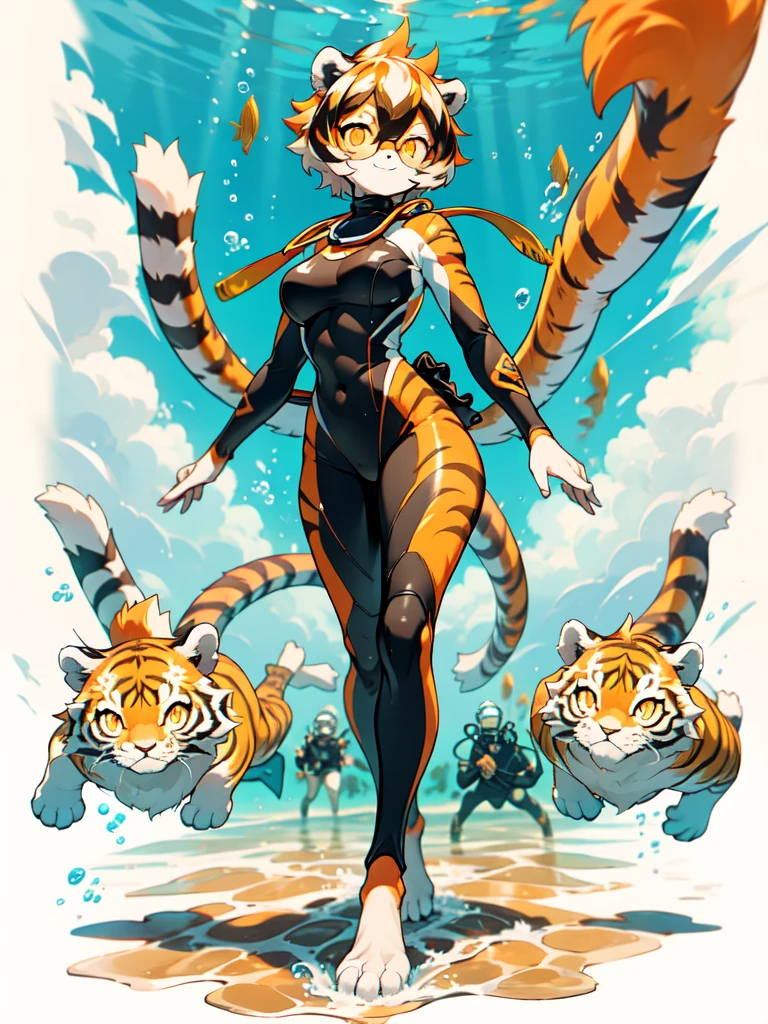 white background, full body,1girl，solo, Standing, animal ears, white hair, black hair, short hair, large breasts, Abdominal muscles,, tail, orange eyes, orange hair, multicolored hair, tiger girl, hair between eyes, tiger_ears, tiger_tail, orange-tinted_eyewear, tinted_eyewear, big breasts, evil smile, Shadows under feet,  (((scuba diving outfit:1.2))),