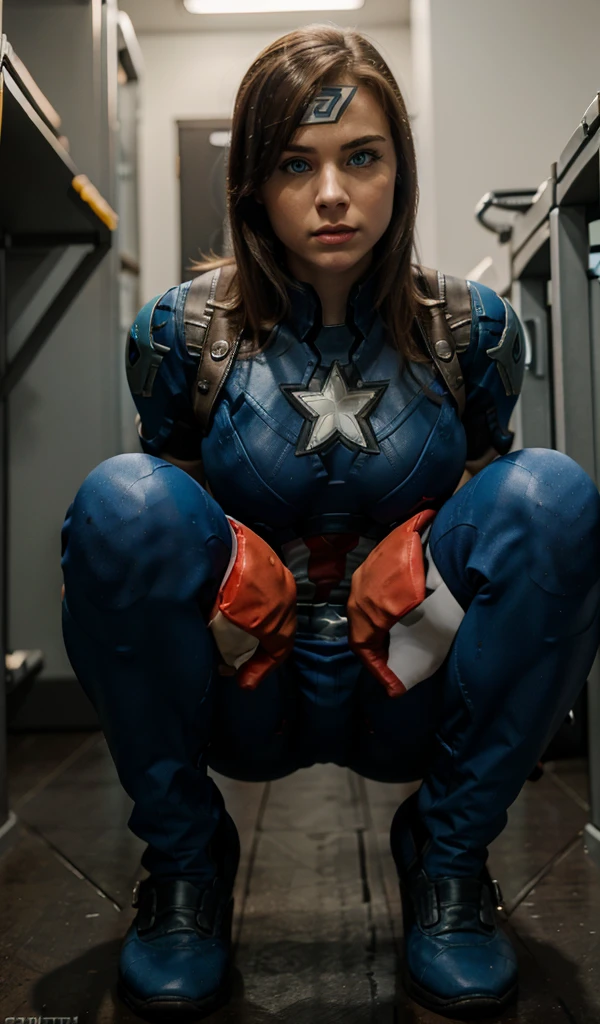 The female version of Captain America in an action pose, perfect costume, extremely detailed bright blue eyes, sitting squatting 