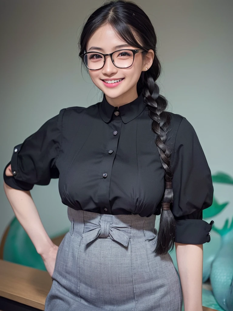 Highest quality、masterpiece、8k、Very detailed、Realistic、(One woman)、(Looking at me with a smile:1.5)、whole body、Black Hair、Small face、Braid、Glasses、(Slender:1.2)、(Big Breasts)、(Erect nipples:1.2)、(A short-sleeved, tight-fitting black shirt with buttons and a collar:1.2)、(Mermaid Skirt:1.2)