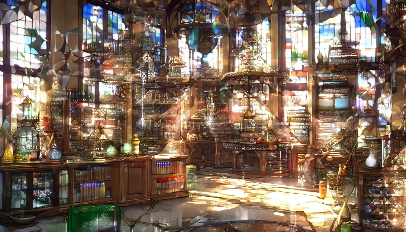 Cover page, High resolution, Highest quality, Highest quality, Paid reward available, An unparalleled masterpiece, Perfect artwork, Absurd, High quality illustrations, 超High resolution, Detailed Background, Perfect Anatomy(One boy, alone, kemono, Furry Personification, Alchemist, experiment)Many pottery, a room with many windows, In a cluttered laboratory, スチームパンクのexperiment室で, fantasy Alchemist laboratory, Inside the weapon shop, Cinema Lighting,