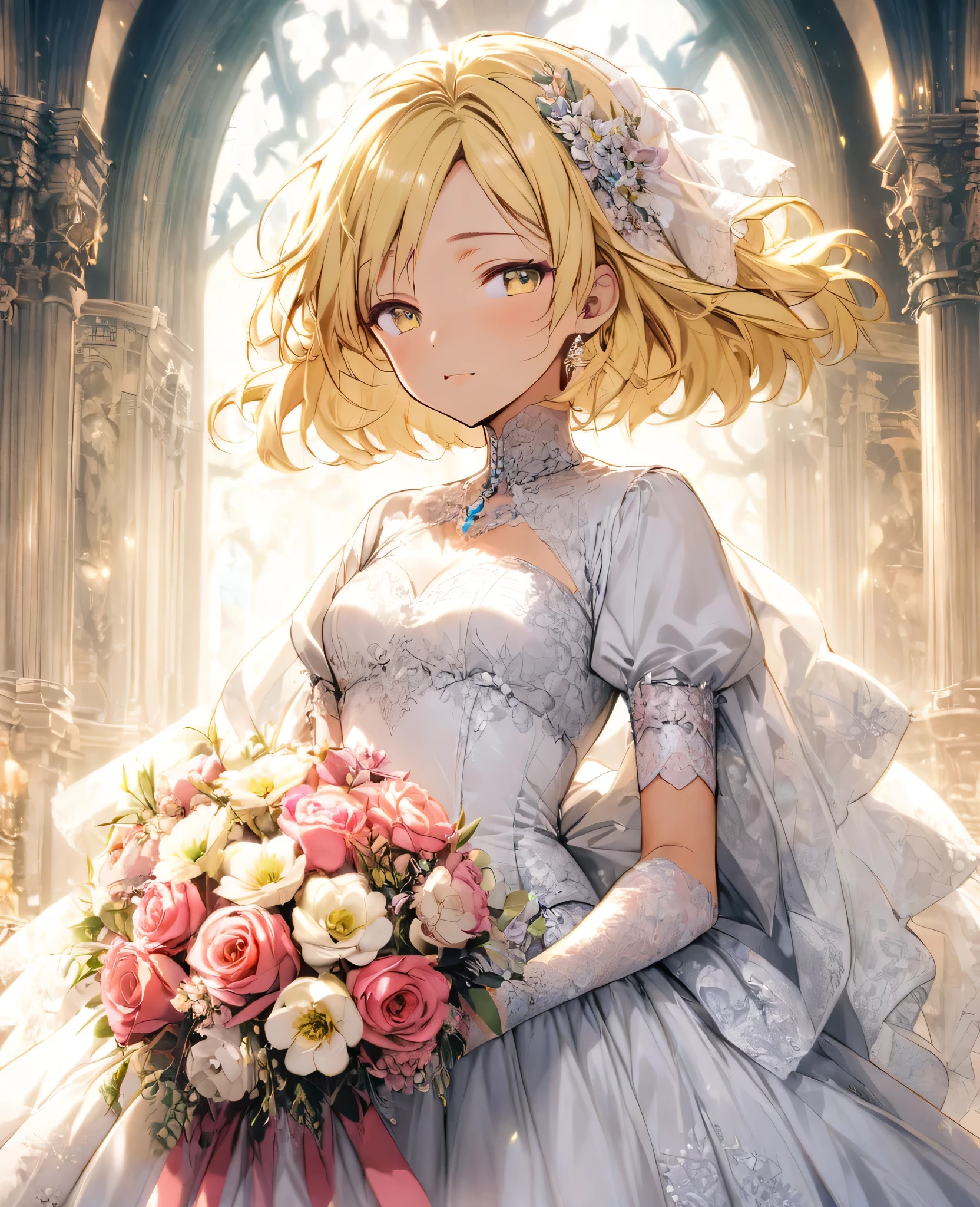 boyish　Slanted Eyes　Blonde　whole body　Wedding dress　moonlight　bouquet　Bob Short　Modest chest