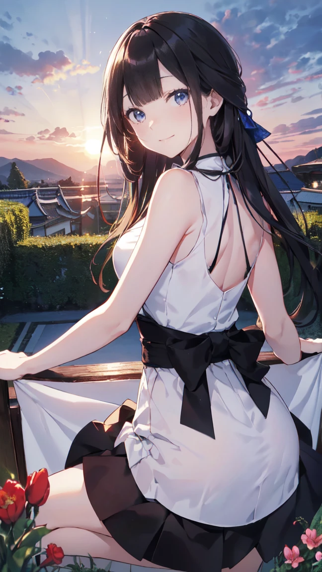 Best image quality, 8k, (Ultra-high resolution:1.5,Japanese,smile,Delicate eyes,Sensitive face,Attractive face,Long Black Hair、garden、Sunset、Fantasy、Black sleeveless、White flared skirt、Looking back at me、Blue Eyes