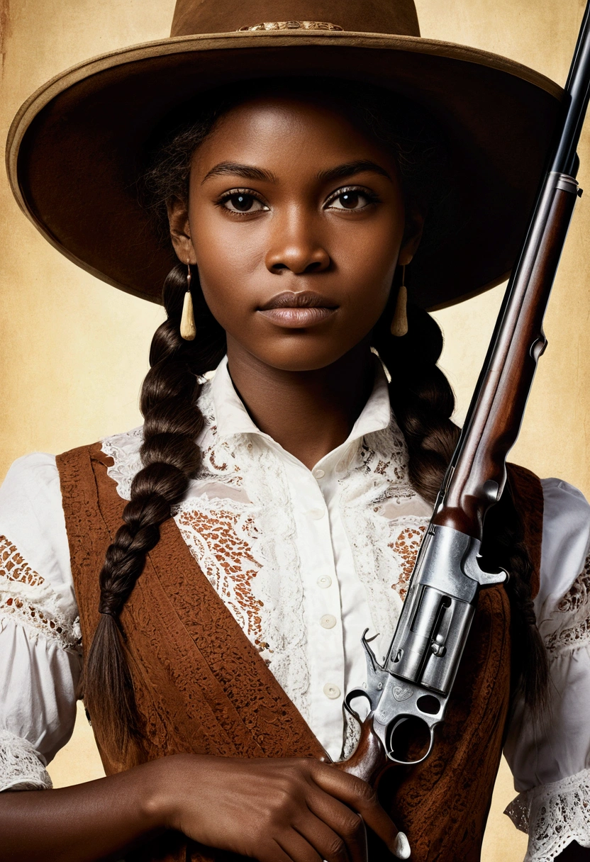 creative western film cover style old photograph with a young African woman, long braided hair, darkskin, western film character, Sexy girl with brown eyes, 精致的面容, she is wearing a hat and is in a saloom, she&#39;s holding a winchester rifle, ultra realist, meticulously detailed, wearing period clothes with white lace. she is holding a winchester. The image is an old western film cover
