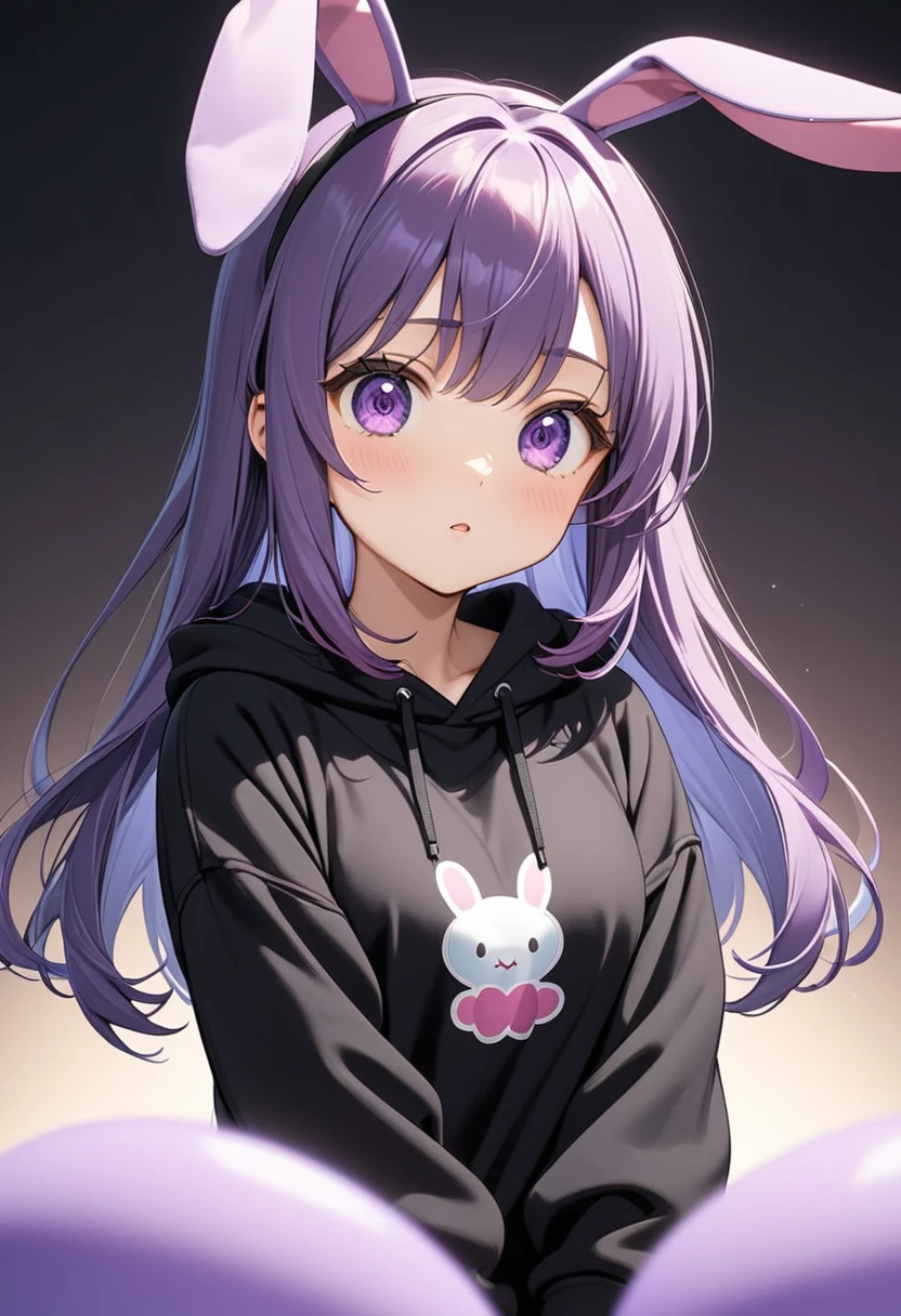  cute anime girl in black sweatshirt with short purple hair with big purple bunny ears with purple eyes