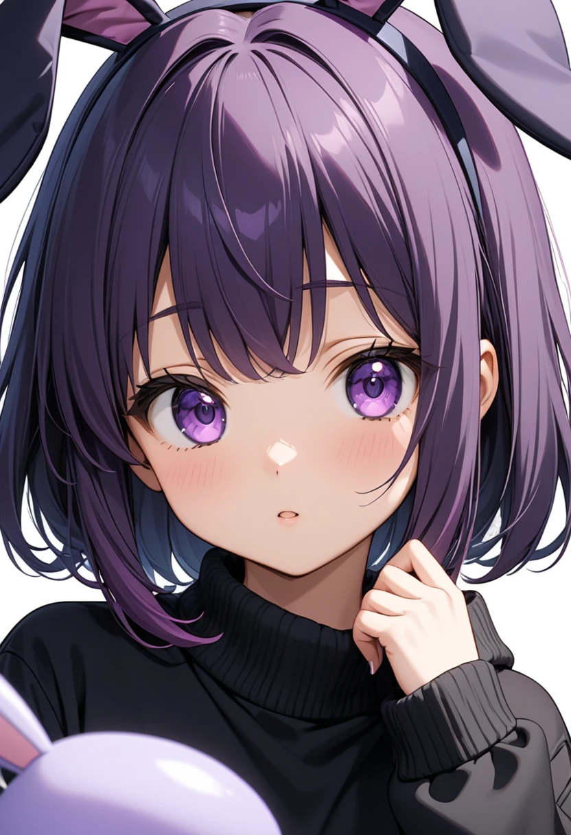 cute anime girl in black sweatshirt with short purple hair with big purple bunny ears with purple eyes