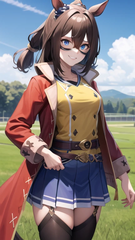 masterpiece, best quality, highres, aaelcondor, blue eyes, animal ears, hair between eyes, domino mask, horse tail, yellow shirt, red coat, belt, blue skirt, pleated skirt, thighhighs, cowboy shot, standing, outdoors, field, straight-on,, smile