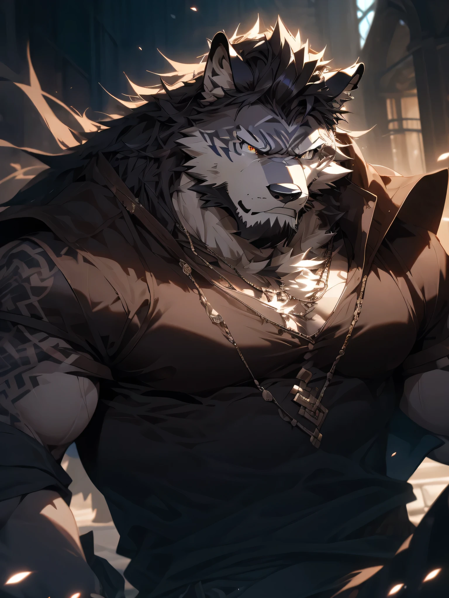 a handsome man, highly detailed portrait, hyperrealistic, realistic face, striking features, piercing eyes, prominent nose, sensual lips, masculine jawline, chiseled cheekbones, well-groomed hair, intense gaze, powerful presence, imposing stature, tall muscular frame, dominant posture, majestic gray wolf, fur texture, sharp canine teeth, intelligent eyes, alpha male, cinematic lighting, dramatic shadows, moody atmosphere, fantasy realism, masterpiece, 8k, hyper detailed