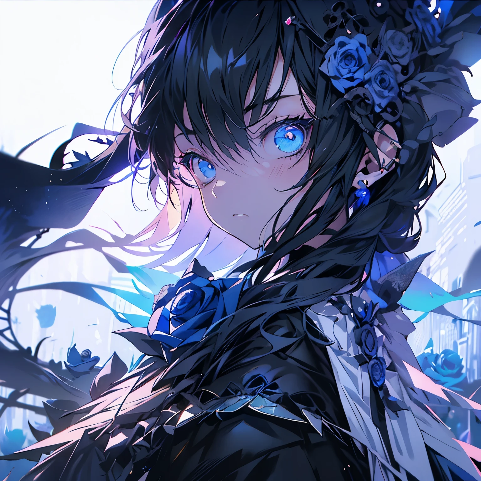 masterpiece、20 year old girl、Black Hair、Long Hair、Blue eyes、Angry Face、Black suit、(((Blue Rose)))、Rose Background、Upper Body