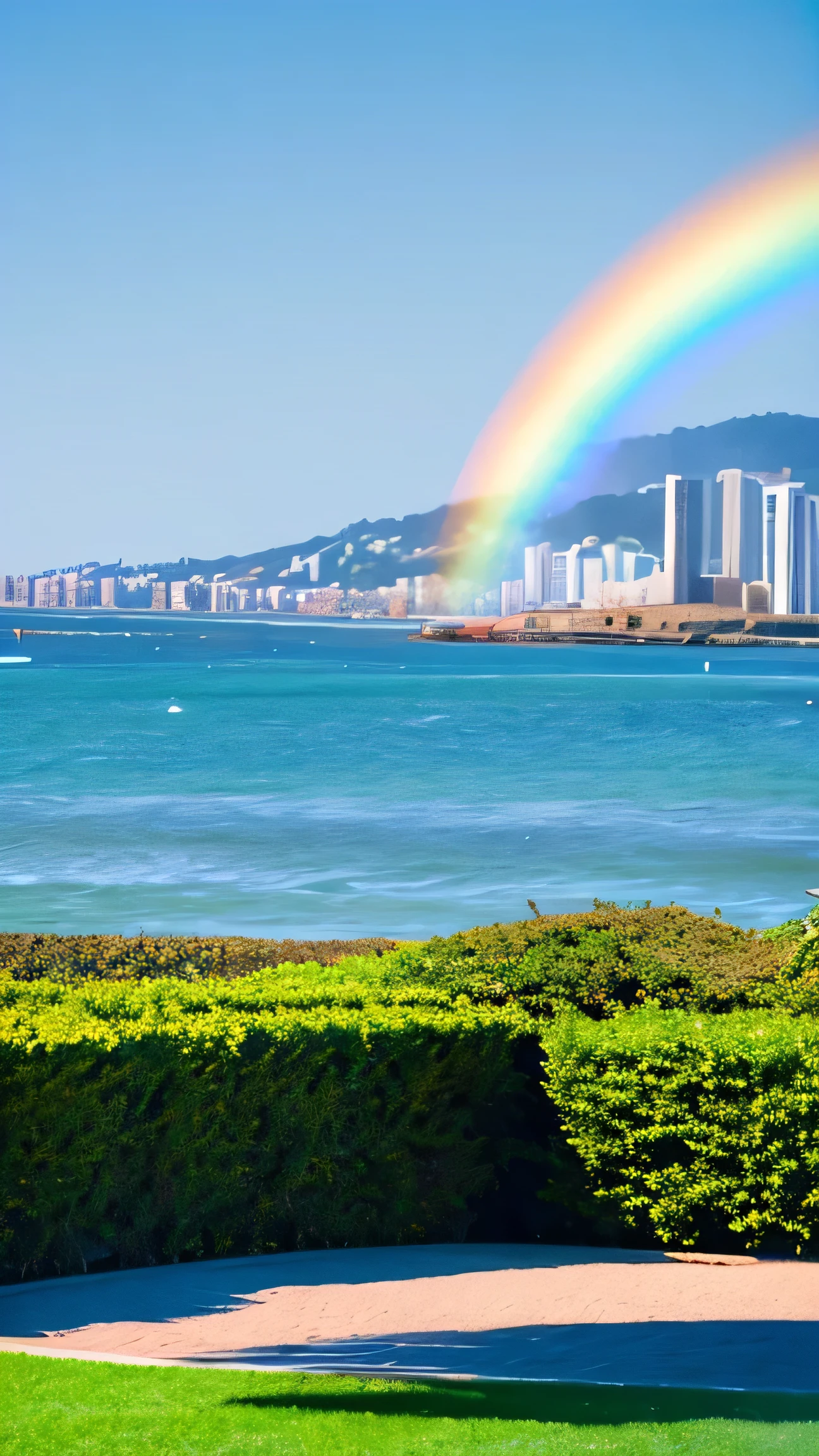 ((8k, masterpiece, masterpiece, Photorealistic), Park with an ocean view, Blue sky, rainbow:1.4,1 image)