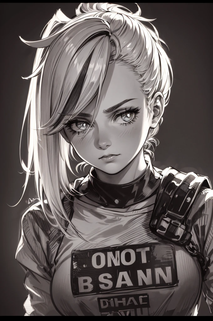 A girl in a mugshot, sketch, black and white, detailed features, cute, vintage style, high contrast lighting, expressive eyes, tousled hair. (best quality, highres, realistic:1.37), vintage, monochrome, intense gaze, dramatic lighting, rugged background, distressed paper texture, retro vibes, id photo, front view