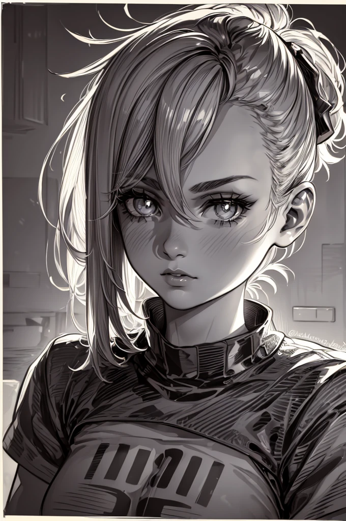 A girl in a mugshot, sketch, black and white, detailed features, cute, vintage style, high contrast lighting, expressive eyes, tousled hair. (best quality, highres, realistic:1.37), vintage, monochrome, intense gaze, dramatic lighting, rugged background, distressed paper texture, retro vibes, id photo, front view