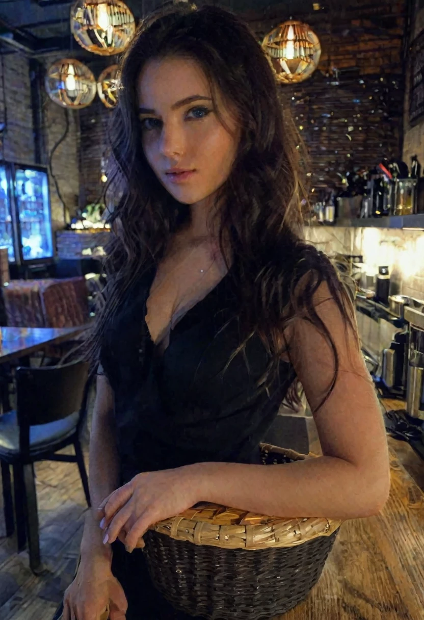 beautiful brunette, long brown hair, wavy hair, wearing a low-cut black basket, from front view (standing inside a modern restaurant at night), highy detailed, 20 years old, natural wavy hair, blue colored eyes, high resolution, work of art, excellent quality, complexdetails, extremely detaild, sharp focus, skin detailed, skin black, realisitic skin texture, texture, detailedeyes, proffesional, 4K, Canon shooting, 85mm, Shallow depth of field, Kodak Color Vision, perfectbody, extremely detaild with beautiful curves, photoshot_\(ultra\), photoshot realisitic, realisitic, Post-processing, Maximum details, roughness, real-life, ultra realisitic, photoshotrealism, photoshotgraphy, 8k hd, photoshotgraphy (film grain) medium shot for shooting dark atmospheric foreground lighting