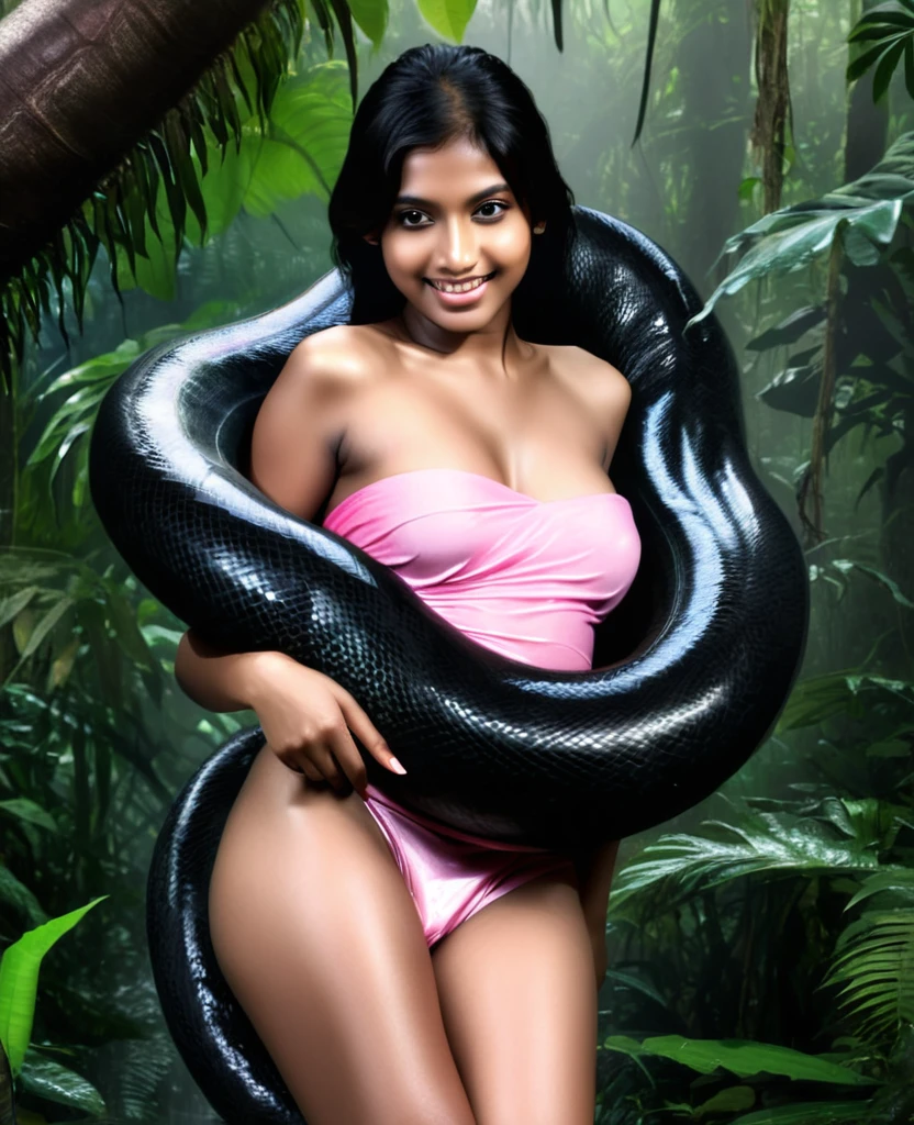  Topless  pink thong wearing aroused horny beautiful happy young Indian  girl vs  Giant colossal black anaconda monster wrapped around her body squeezing her in coiled embrace cuddling and kissing  sexual erotic bestiality  sex  realistic in the rainforest full body, best quality wet top quality perfect body 