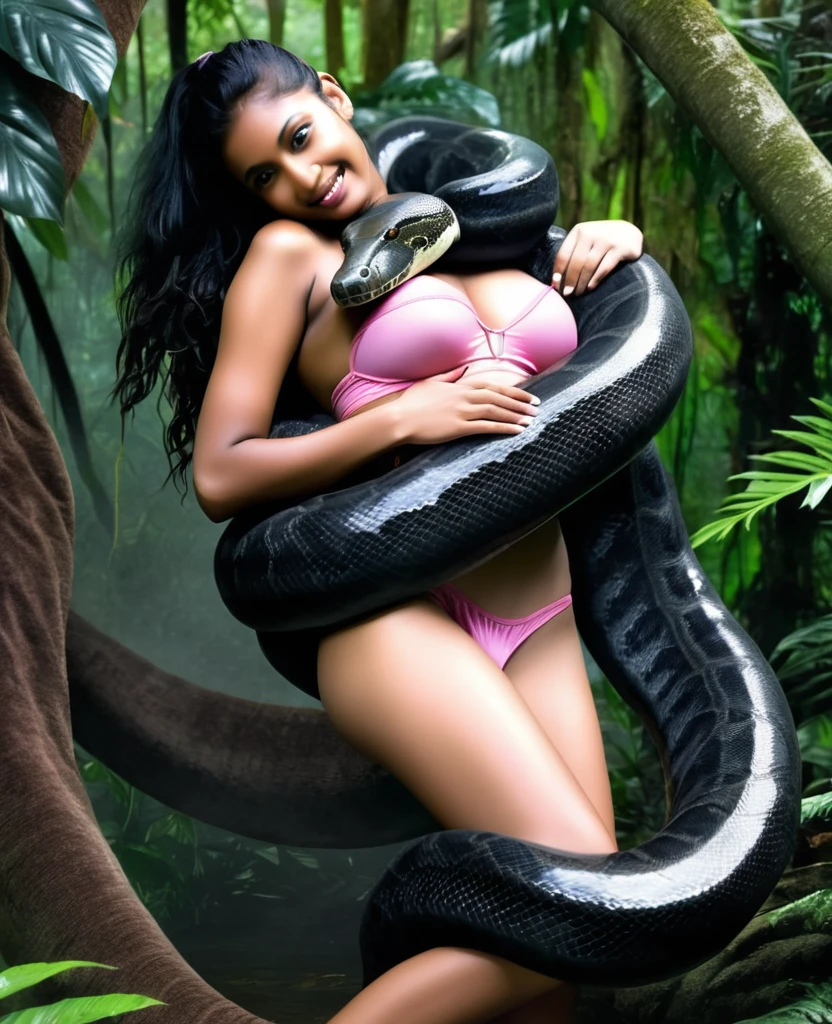  Topless  pink thong wearing aroused horny beautiful happy young Indian teen girl vs  Giant colossal black anaconda monster wrapped around her body squeezing her in coiled embrace cuddling and kissing  sexual erotic bestiality  sex  realistic in the rainforest full body, best quality wet top quality perfect body 