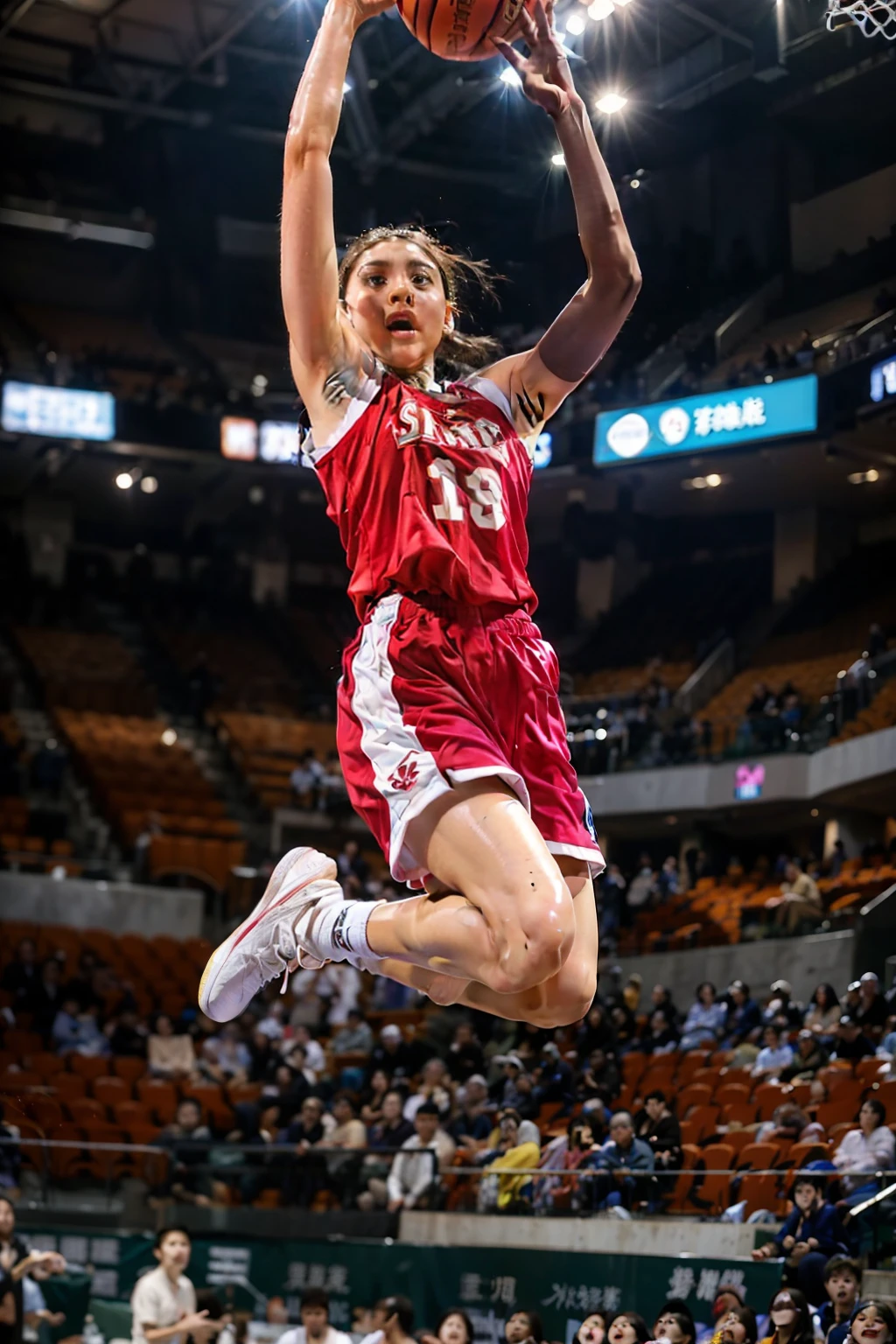 ((女子バスケットball選手))、(The moment the slam dunk is decided:1.4)、(Dunk Shot:1.4)、(Jumping Chute:1.4)、(Goal Post、ball)、Young and beautiful girl、美しい顔のdetailedな描写、Close-up、Motion Blur、Dynamic Angle、stadium lighting、Blur the background、8Kdetailed、(detailed、masterpiece、Highest quality)、