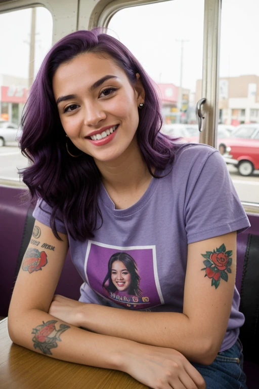 street photography photo of a young woman with purple hair, smile, happy, cute t-shirt, tattoos on her arms, sitting in a 50s diner