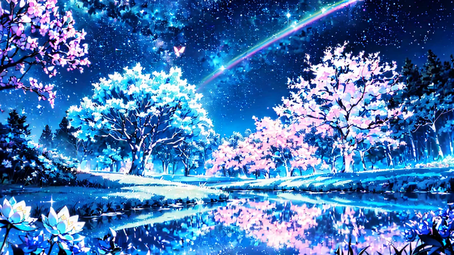 Mystical landscape with ((luminous starry blue and white flowers emitting light particles surrounding pond)),softly glowing butterflies, (one beautiful vivid purple sakura tree), (((unique view with extremely vivid multicolors without any people))), {extremely detailed 16k CG unity wallpaper}, expansive natural landscape photography, (wide open field view), (low angle shot),complex details, (iridescent colors: 1.6), (dark night lighting), (atmospheric lighting), Dreamy, unique, no people, reflections perfect,(no humans),landscape only, pixiv_fantasia,((starry glittering pond,water filled with shimmering stardust)),dark night