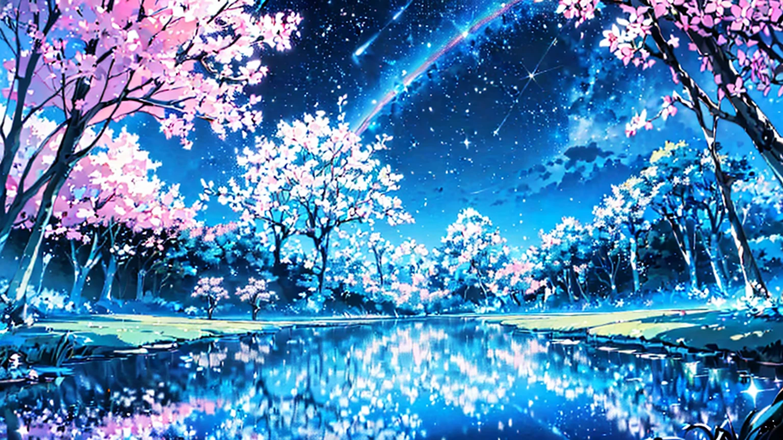 Mystical landscape with ((luminous starry blue and white flowers emitting light particles surrounding pond)),softly glowing butterflies, (one beautiful vivid purple sakura tree), (((unique view with extremely vivid multicolors without any people))), {extremely detailed 16k CG unity wallpaper}, expansive natural landscape photography, (wide open field view), (low angle shot),complex details, (iridescent colors: 1.6), (dark night lighting), (atmospheric lighting), Dreamy, unique, no people, reflections perfect,(no humans),landscape only, pixiv_fantasia,((starry glittering pond,water filled with shimmering stardust)),dark night