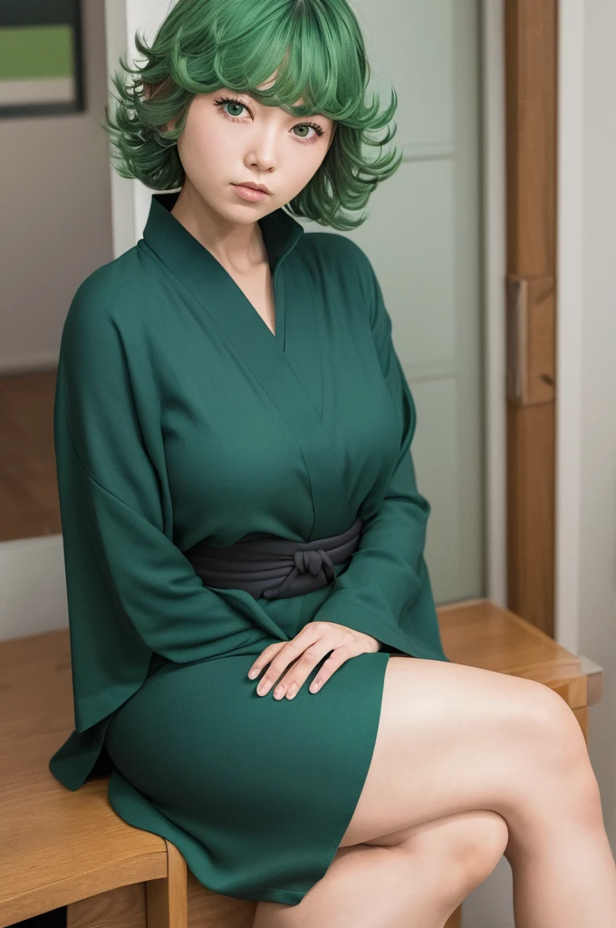 (Masterpiece, Best Quality:1.2), solo, 1girl, tatsumaki, unamused, closed mouth, looking a viewer, hand on our face, sitting, Short black kimono ,big thighs,crossing leg, green hair
