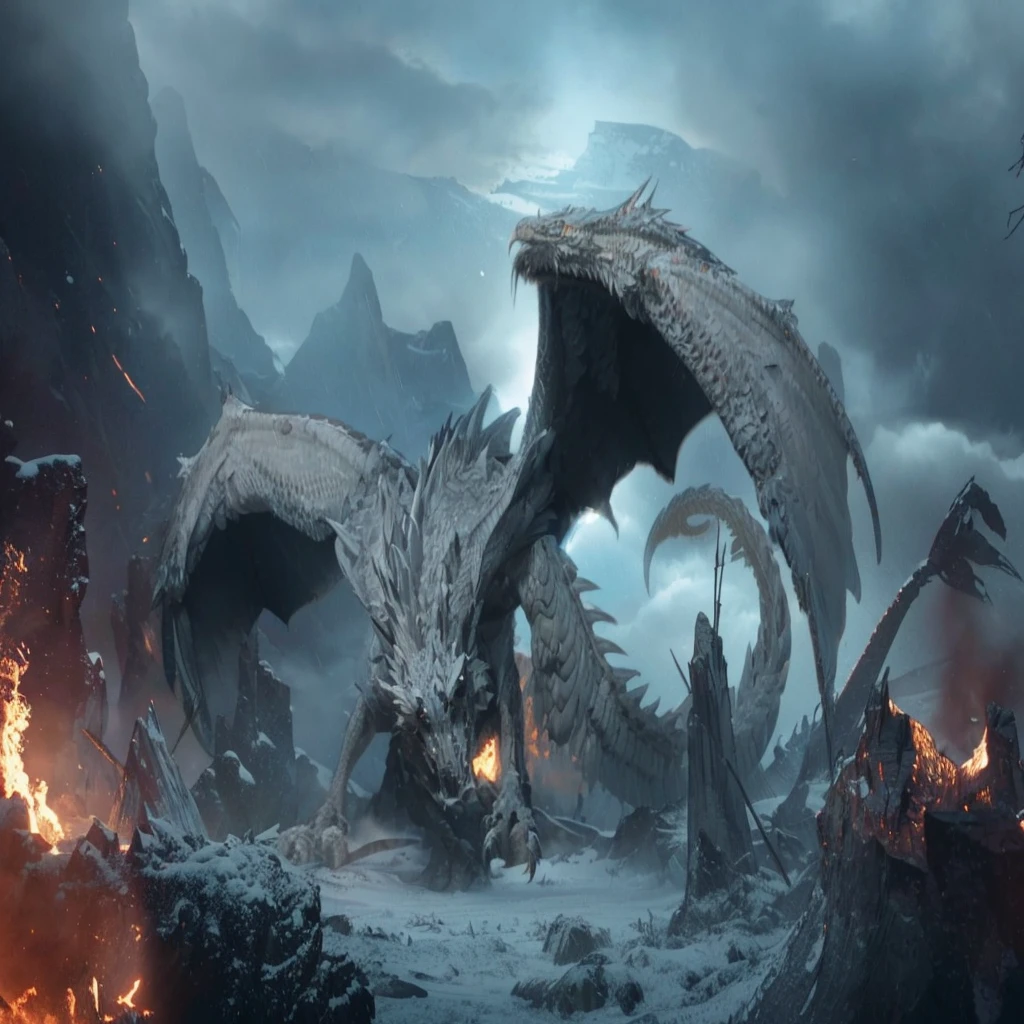 badlands. flying dragon, knight confront winter dragon,spread wings, battle scene, fire dragon, fire in mouth,corps, troops, debris, dark ,snowy winter,fog, dramatic scene, movie scene, fire, view from below, unreal engine, hyper detailed, volumetric lighting,8K, Ultra-HD, photo realism, cinematic rendering, ray tracing, highest quality, 