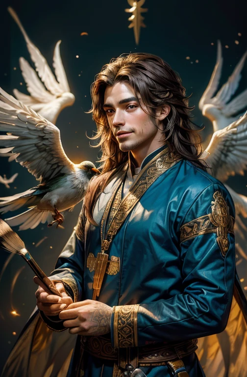 Man with a painted bird on his chest of a bird with a rainbow feathered tail encircling it like religious iconography. He has brown long-haired is handsome Symmetrical featured Male Monk with a knack for painting, and spreading love and peace. Brown long-haired handsome Symmetrical featured Male Priest with the religious iconography of a bird with a rainbow feathered tail. This priest has a knack for painting, spreading love and peace. Holding a paintbrush with a smile on his face facing forward.