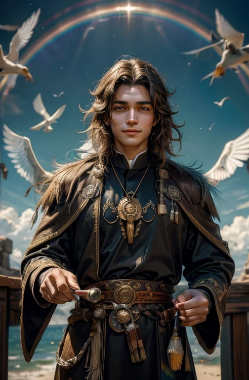 Man with a painted bird on his chest of a bird with a rainbow feathered tail encircling it like religious iconography. He has brown long-haired is handsome Symmetrical featured Male Monk with a knack for painting, and spreading love and peace. Brown long-haired handsome Symmetrical featured Male Priest with the religious iconography of a bird with a rainbow feathered tail. This priest has a knack for painting, spreading love and peace. Holding a paintbrush with a smile on his face facing forward.