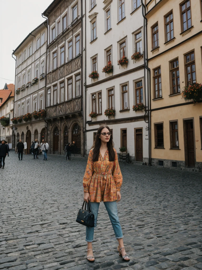 her name is Amelie, high quality, 1girl, ((25-year-old fit Caucasian woman)), ((25 years old)), ((SLIM)), ((long dark hair), pose: standing, wearing In style in trend Generation-Z modern wear different colored, BACKGROUND:"In the Rynek Główny, Europe's largest medieval square, surrounded by colorful townhouses and the Cloth Hall."
