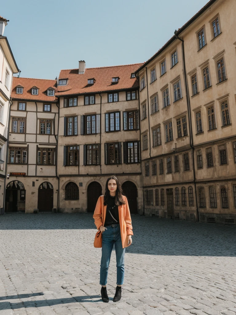 her name is Amelie, high quality, 1girl, ((25-year-old fit Caucasian woman)), ((25 years old)), ((SLIM)), ((long dark hair), pose: standing, wearing In style in trend Generation-Z modern wear different colored, BACKGROUND:"In the Rynek Główny, Europe's largest medieval square, surrounded by colorful townhouses and the Cloth Hall."