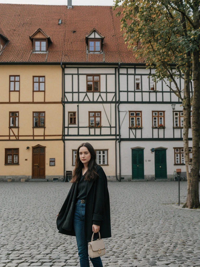 her name is Amelie, high quality, 1girl, ((25-year-old fit Caucasian woman)), ((25 years old)), ((SLIM)), ((long dark hair), pose: standing, wearing In style in trend Generation-Z modern wear different colored, BACKGROUND:"In the Rynek Główny, Europe's largest medieval square, surrounded by colorful townhouses and the Cloth Hall."