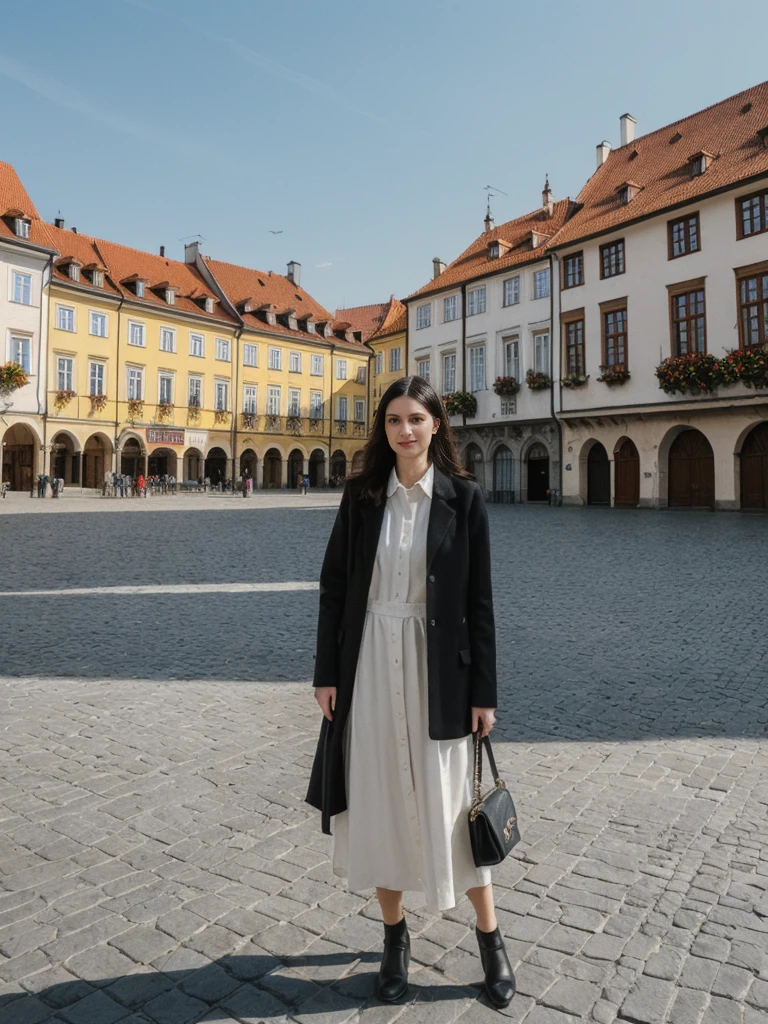 her name is Amelie, high quality, 1girl, ((25-year-old fit Caucasian woman)), ((25 years old)), ((SLIM)), ((long dark hair), pose: standing, wearing In style in trend Generation-Z modern wear different colored, BACKGROUND:"In the Rynek Główny, Europe's largest medieval square, surrounded by colorful townhouses and the Cloth Hall."