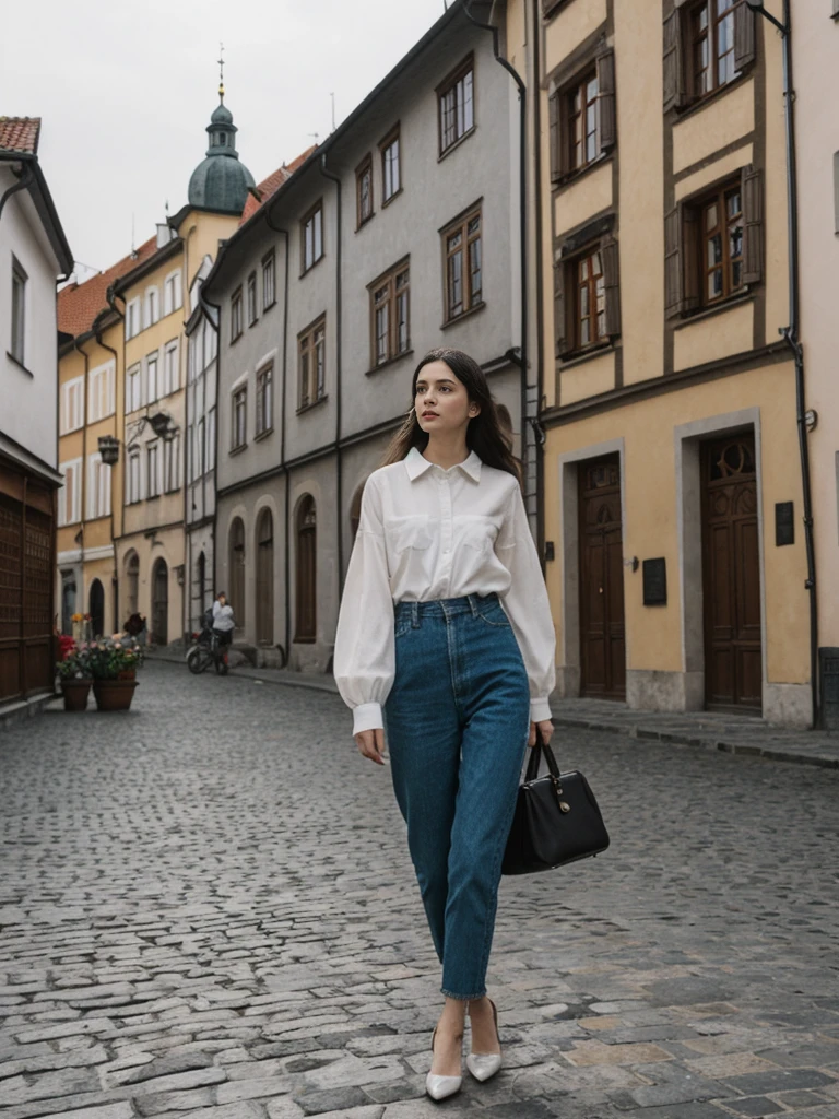 her name is Amelie, high quality, 1girl, ((25-year-old fit Caucasian woman)), ((25 years old)), ((SLIM)), ((long dark hair), pose: standing, wearing In style in trend Generation-Z modern wear different colored, BACKGROUND:"In the Rynek Główny, Europe's largest medieval square, surrounded by colorful townhouses and the Cloth Hall."