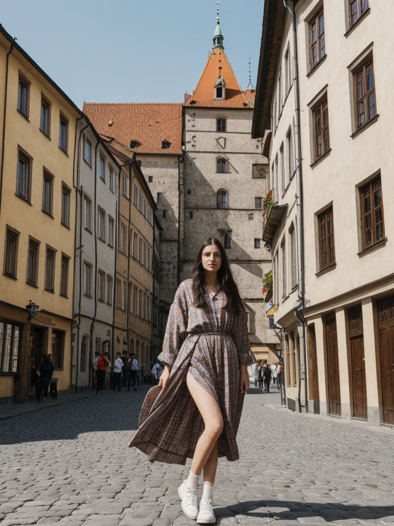 her name is Amelie, high quality, 1girl, ((25-year-old fit Caucasian woman)), ((25 years old)), ((SLIM)), ((long dark hair), pose: standing, wearing In style in trend Generation-Z modern wear different colored, BACKGROUND:"In the Rynek Główny, Europe's largest medieval square, surrounded by colorful townhouses and the Cloth Hall."