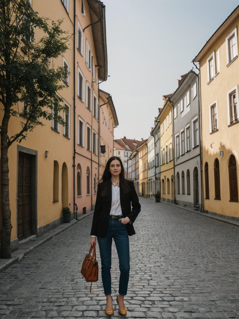 her name is Amelie, high quality, 1girl, ((25-year-old fit Caucasian woman)), ((25 years old)), ((SLIM)), ((long dark hair), pose: standing, wearing In style in trend Generation-Z modern wear different colored, BACKGROUND:"In the Rynek Główny, Europe's largest medieval square, surrounded by colorful townhouses and the Cloth Hall."