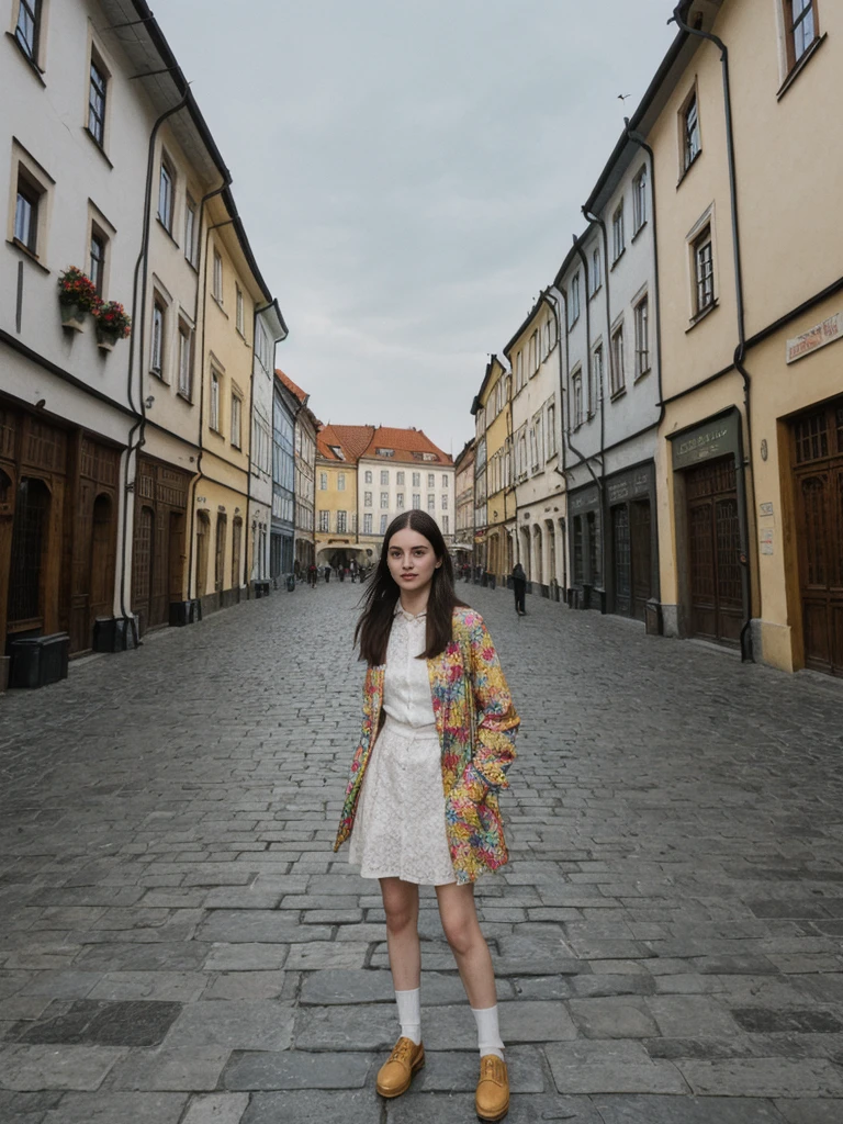 her name is Amelie, high quality, 1girl, ((25-year-old fit Caucasian woman)), ((25 years old)), ((SLIM)), ((long dark hair), pose: standing, wearing In style in trend Generation-Z modern wear different colored, BACKGROUND:"In the Rynek Główny, Europe's largest medieval square, surrounded by colorful townhouses and the Cloth Hall."