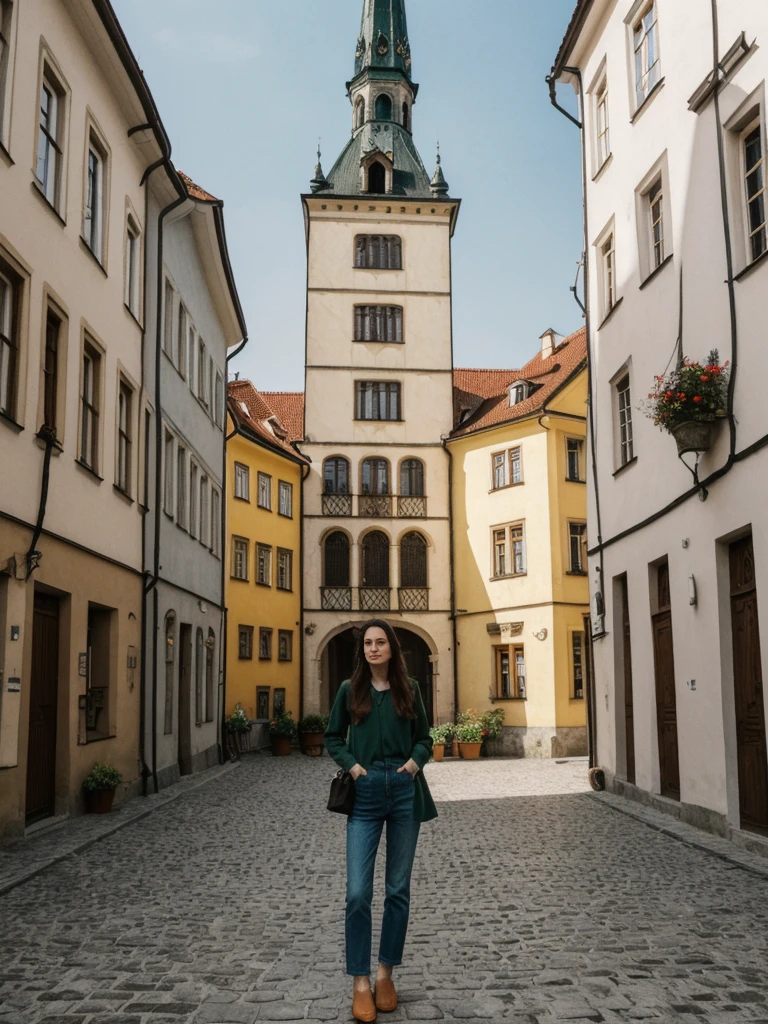 her name is Amelie, high quality, 1girl, ((25-year-old fit Caucasian woman)), ((25 years old)), ((SLIM)), ((long dark hair), pose: standing, wearing In style in trend Generation-Z modern wear different colored, BACKGROUND:"In the Rynek Główny, Europe's largest medieval square, surrounded by colorful townhouses and the Cloth Hall."