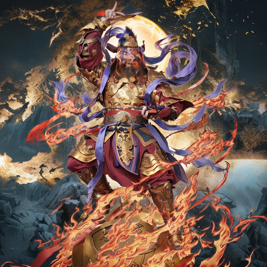 a fierce chinese warrior, holding a golden bamboo sword, fire, asura from chinese myth, maroon beard and hair, purple deity ribbon, standing on huge golden wheel, 3 eyes, golden armour, taoist priest, taoist master, small crown, pointing middle finger, 