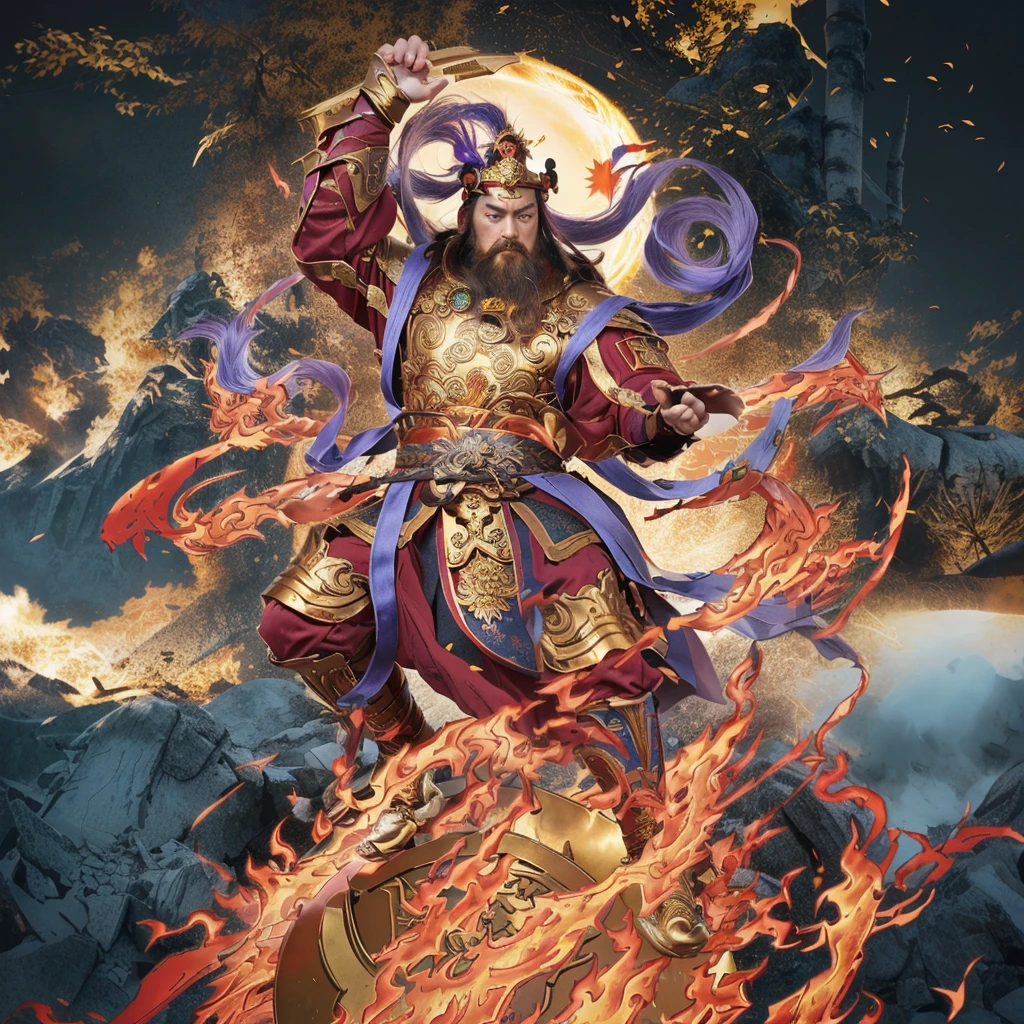 a fierce chinese warrior, holding a golden bamboo sword, fire, asura from chinese myth, maroon beard and hair, purple deity ribbon, standing on huge golden wheel, 3 eyes, golden armour, taoist priest, taoist master, small crown, pointing middle finger, 