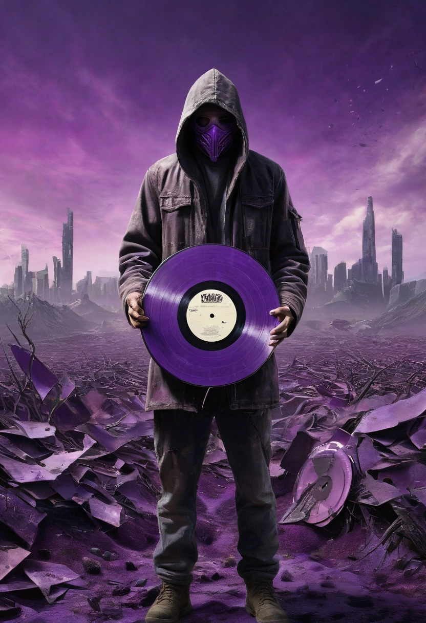 A faceless guy holding a broken record with a post apocalyptic purple futuristic landscape 