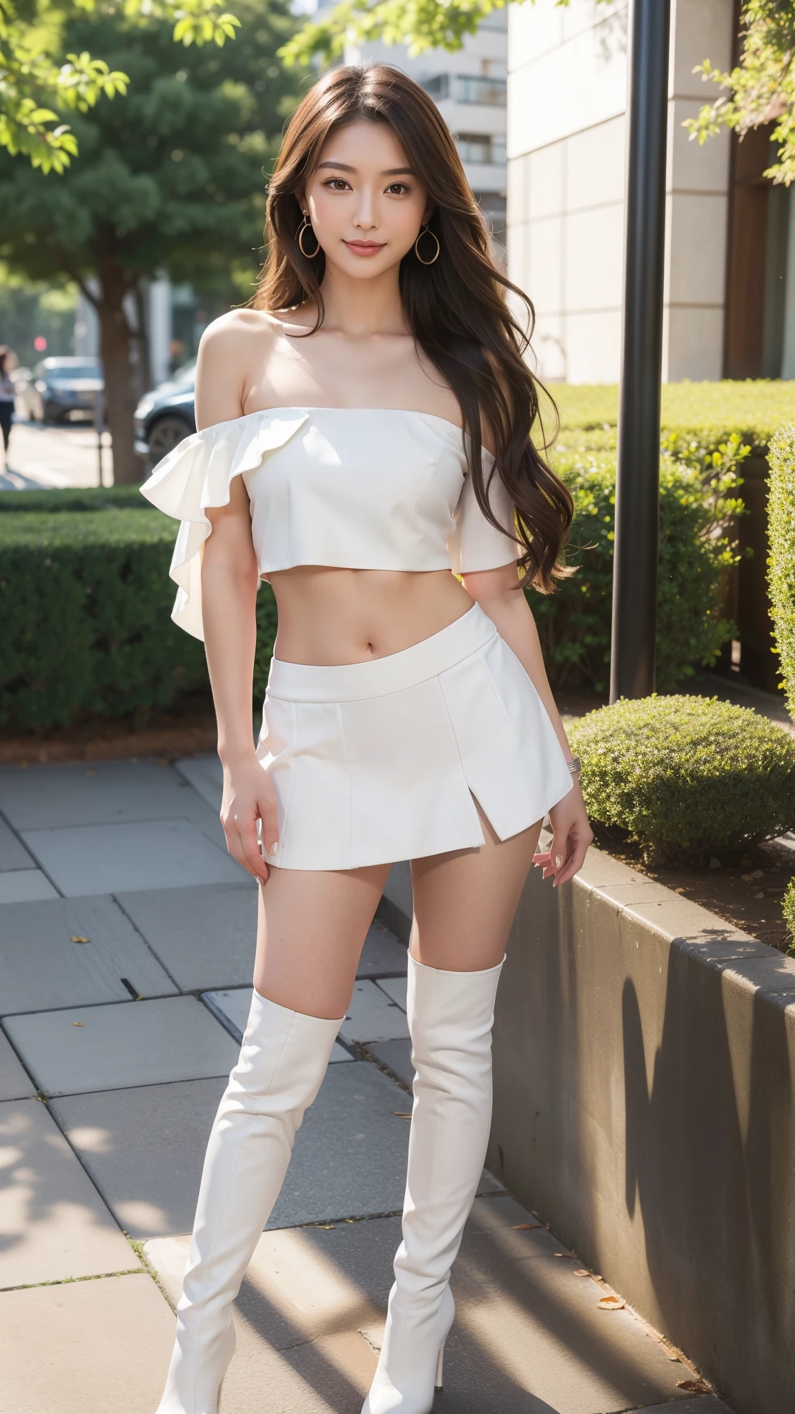 (Brown layered wavy hair),Heavy makeup、(18 year old,two females,Japanese):1.2、8K, Seductive smile,tall:1.4、a small face、Nikon Z 85mm, ((Best Quality)) ,((masterpiece)), intricate detailes, Professional, Realistic, Photorealistic、 ((Strapless,Baretop midriff,Sexy mini skirt)):1.2、(Walking in the park):1.2, large earring、(White Stretch knee boots with high stiletto heels、Pointed toe):1.2、Full body shot