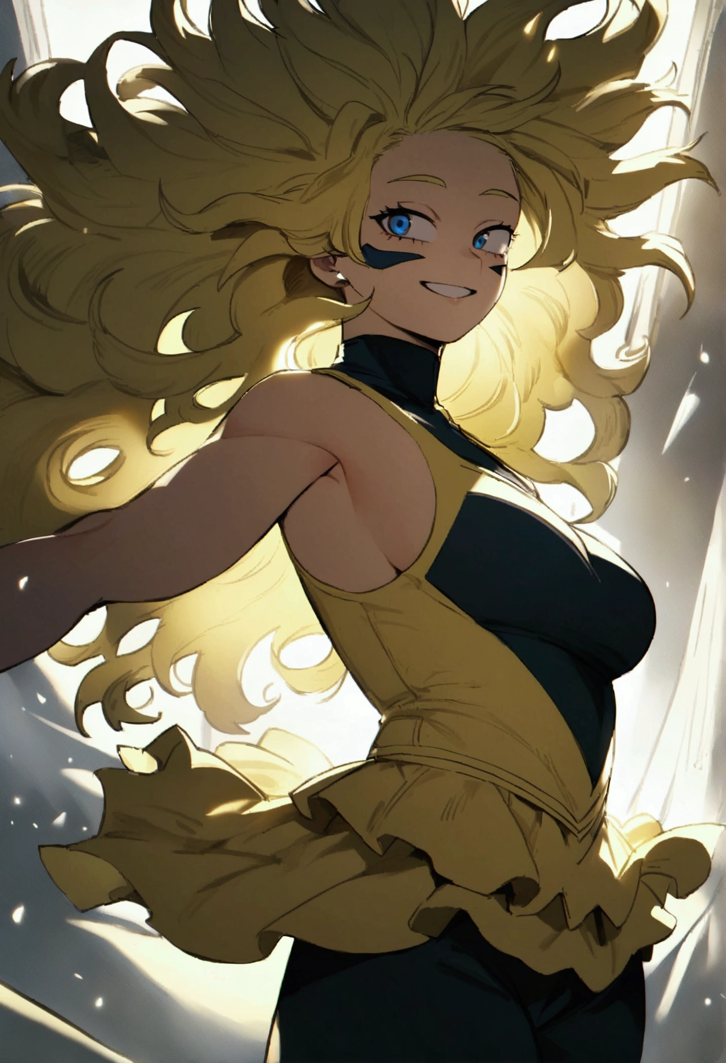 My hero academia, Girl with yellow long messy hair and blue eyes, a smile on her face with a full figure