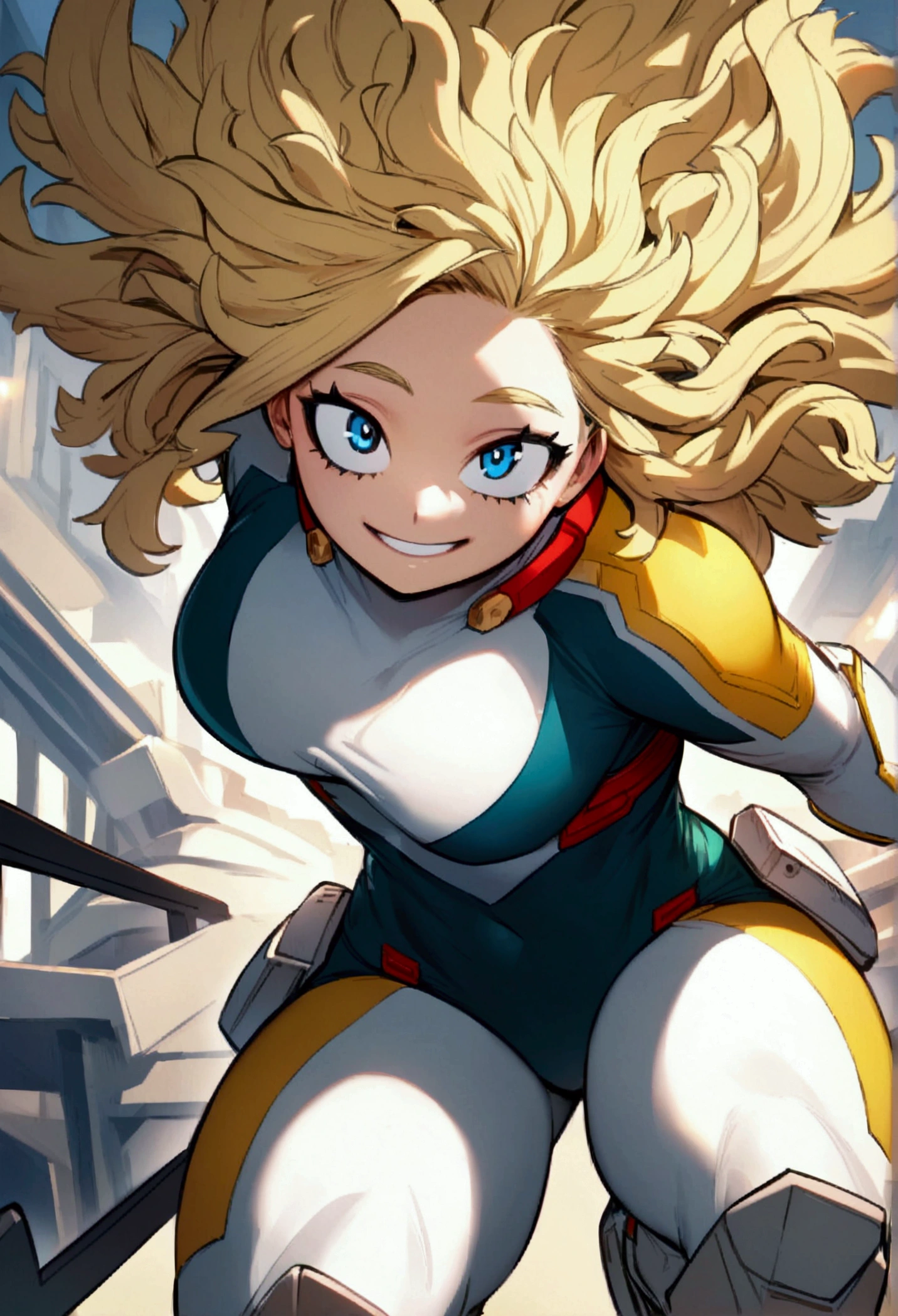My hero academia, Girl with yellow long messy hair and blue eyes, a smile on her face with a full figure