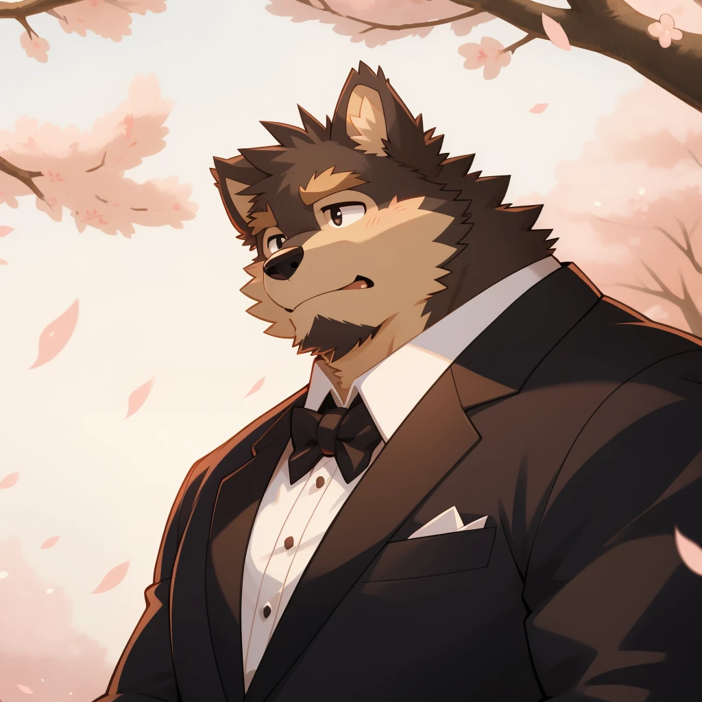 Scribble 德国牧羊dog face,Smile,Humanity(dog),(Formal wear:1.3),Muscular,(Brown eyebrows:1.1),（Close one eye:1.2）,(Perfect black eyes),Cherry blossoms,Black fur。（artist:Takemoto Arashi）