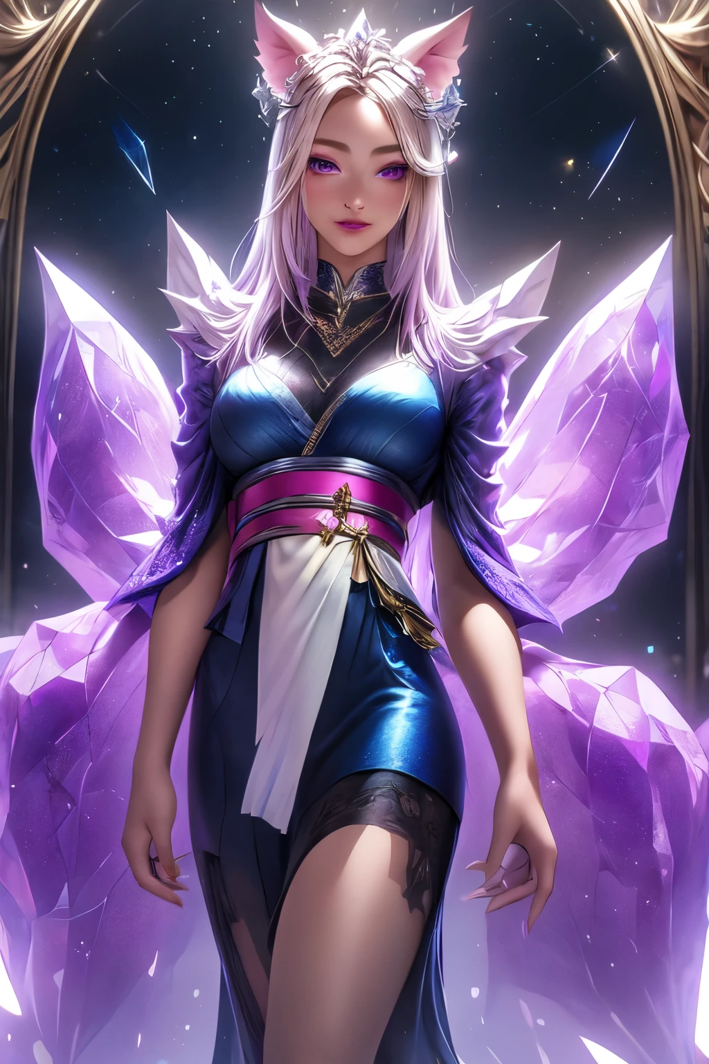 ((best quality)), ((masterpiece)), (detailed), detailed eyes, detailed hands, head to toe full-length body image, female humanoid kitsune, wearing a short kimono, crystal crown on top of her head, light purple hair, light purple fox ears, 2 purple crystal fox tails, 1 crystal eight-pointed star shape on forehead, delicate and beautiful detailing, beautiful face, well-proportioned detailed purple eyes, round detailed purple eyes and makeup, beautiful detailed and clear purple eyes, volume smooth and sharp, long flat bangs, fictional art, best photos, best quality, very beautiful and meticulous eight-pointed crystal star on forehead, delicate, mouth closed smile, not fully smiling, with a starry background