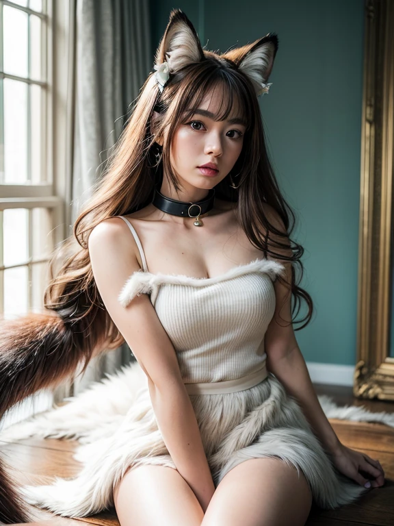 ((Highest quality)), ((masterpiece)), (Familiar), Perfect Face, fox lady, Pretty girl, Fox Ears, Fox tail, She has a northern fox tail, She wags her fluffy tail, She is a pretty maid, Beautiful hip line, Thick thighs, One big tail, A tail protruding from under the skirt, Nice body, Shyly showing off his tail, Only one tail, Troubled face, cat collar