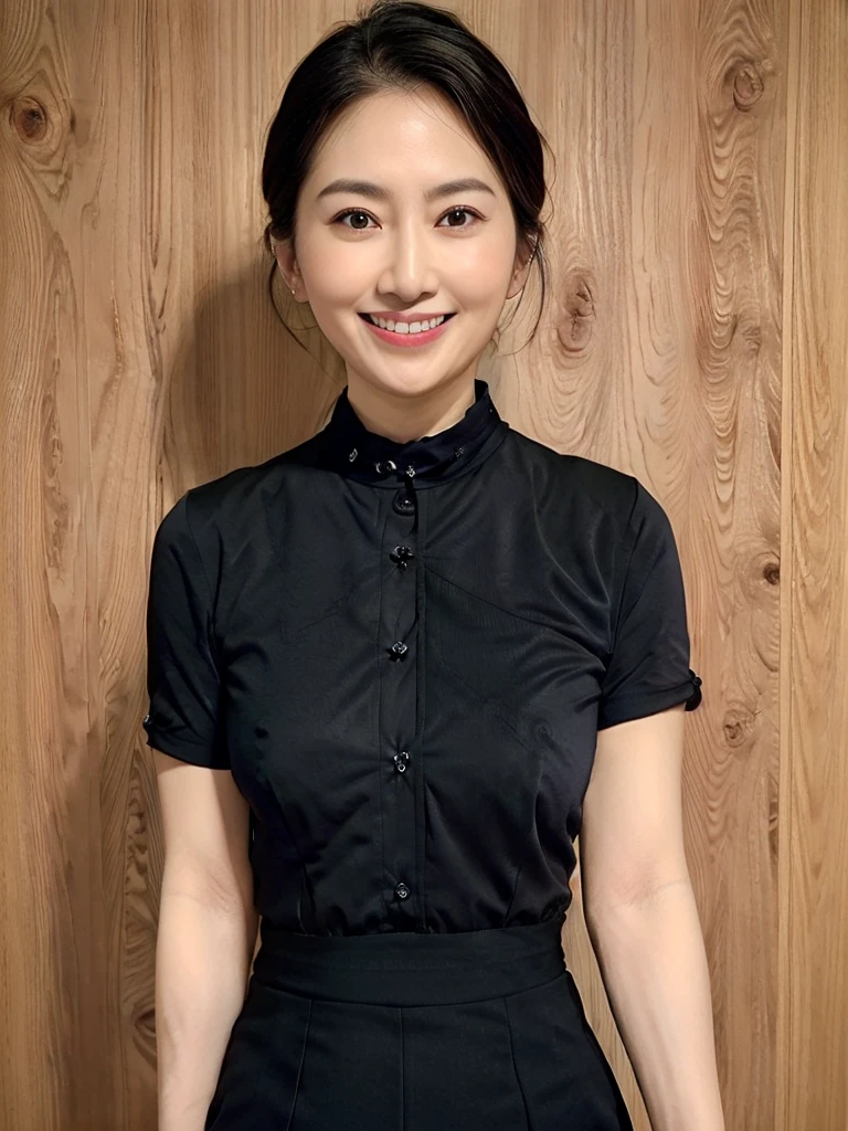 Highest quality、masterpiece、8k、Very detailed、Realistic、(One woman)、(Looking at me with a smile:1.5)、whole body、Black Hair、Small face、Short Hair、(Slender:1.2)、(Big Breasts)、(Erect nipples:1.2)、(A short-sleeved, tight-fitting black shirt with buttons and a collar:1.2)、(Short tight skirt:1.2)