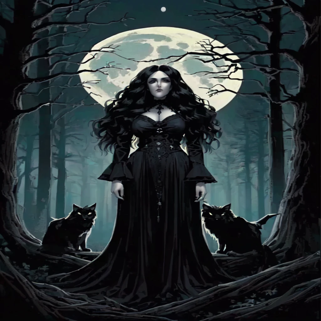 a woman in a black dress standing in front of a full moon, hecate, hecate goddess, gothic horror vibes, witchy, gothic maiden of the dark, gothic maiden, gothic fantasy art, gothic art style, southern gothic art, in style of dark fantasy art, dark fantasy style art, gothic art, with a bewitching voice, witch, dark witch