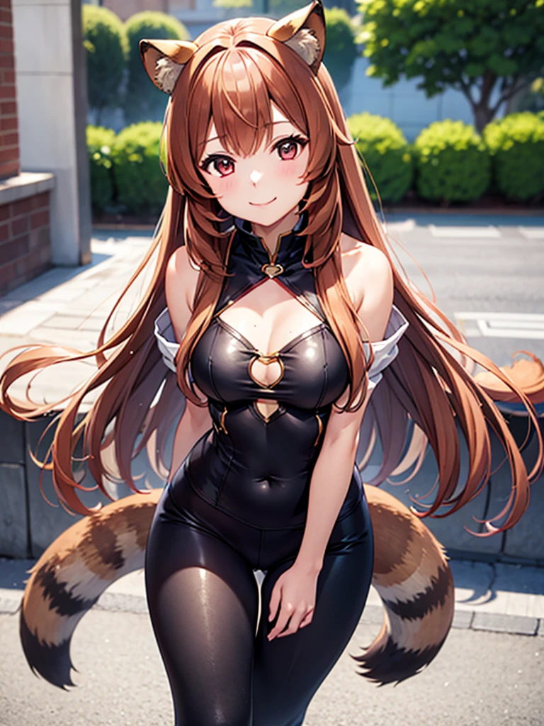 masterpiece、ultra precision、anime illustration style、solo、Raphtalia、smile、1 girl、Raccoon ears,   leggings, black leggings